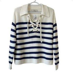NWT Loft Women’s Blue Ivory Striped Collared Lace Up Tie Neck Knit Sweater Sz XS